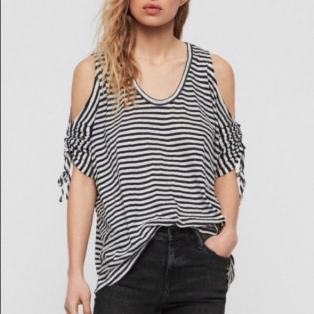ALLSAINTS / Harper Stripe Tee Blue & White Stripe Cold Shoulder Size M